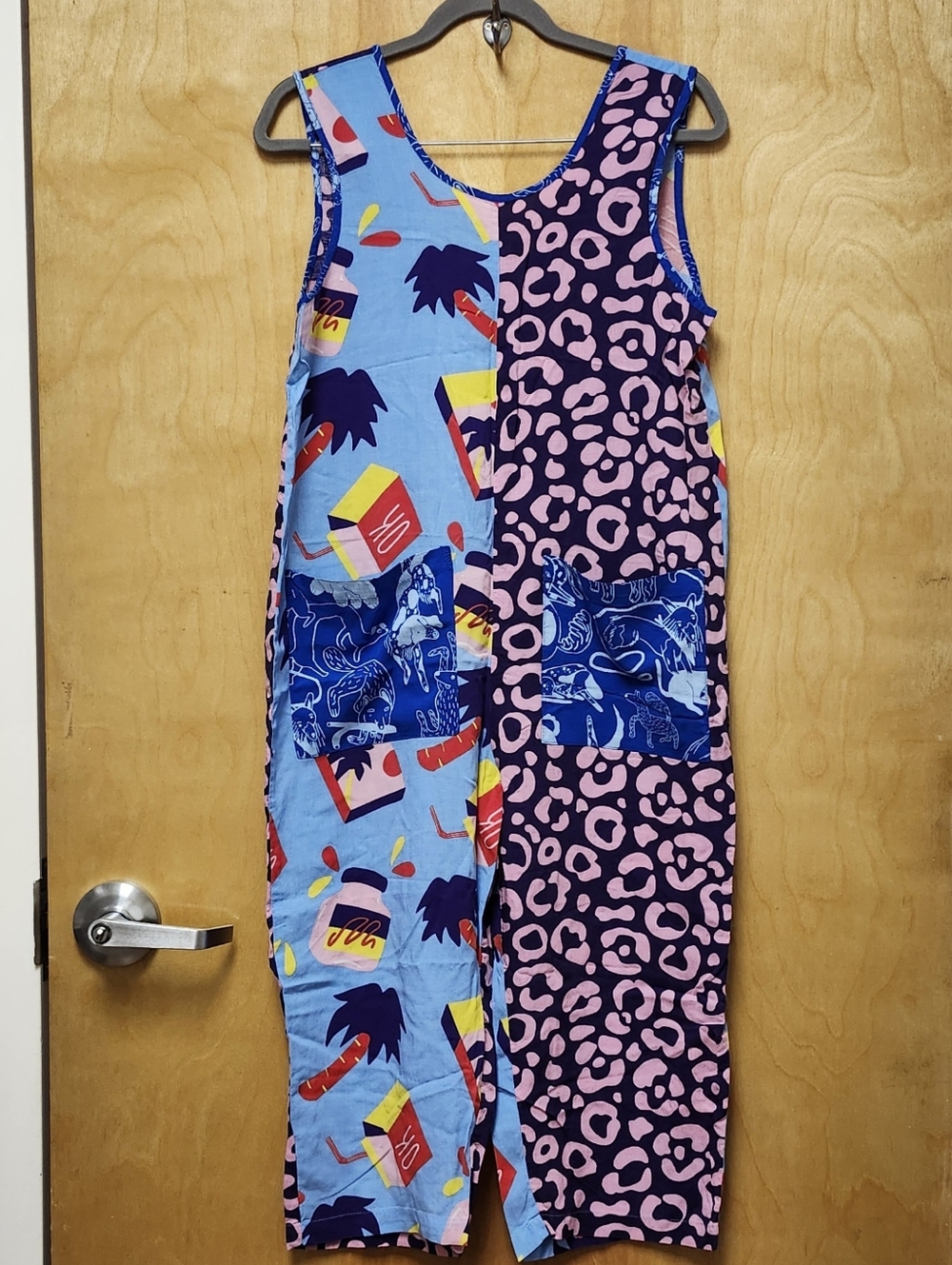 NOOWORKS Size S PATCHWORK LEOPARD SNACKS BLUE DOG PRINT COVERALL JUMPSUIT